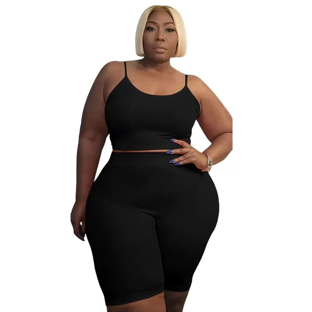 Women’s Black Ribbed 2-Piece Biker Shorts Matching Set | Plus Size