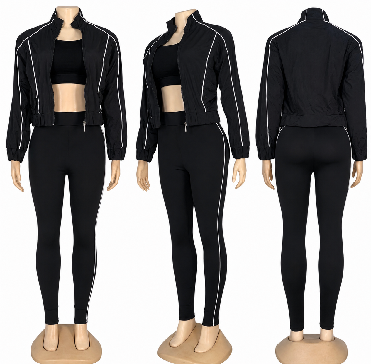 Women’s Black 3-Piece Activewear Set – Zip-Up Jacket, Sports Bra & Leggings
