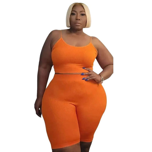Women’s Orange Ribbed Biker Short Set