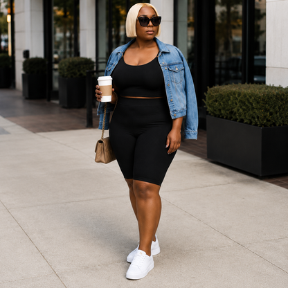 Women’s Black Ribbed Biker Short Set