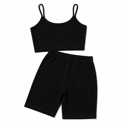 Women’s Black Ribbed Biker Short Set