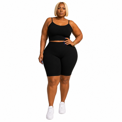 Women’s Black Ribbed Biker Short Set