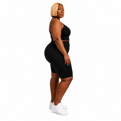 Women’s Black Ribbed Biker Short Set