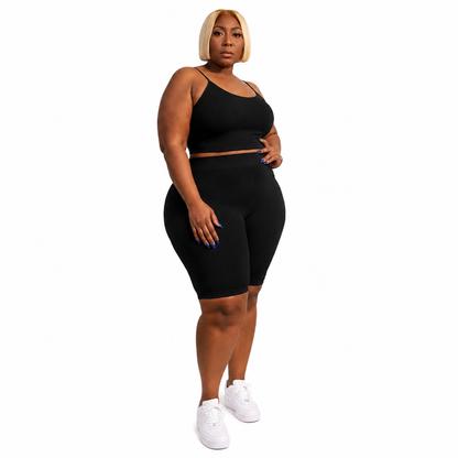 Women’s Black Ribbed Biker Short Set