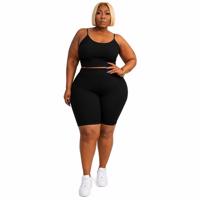Women’s Black Ribbed Biker Short Set